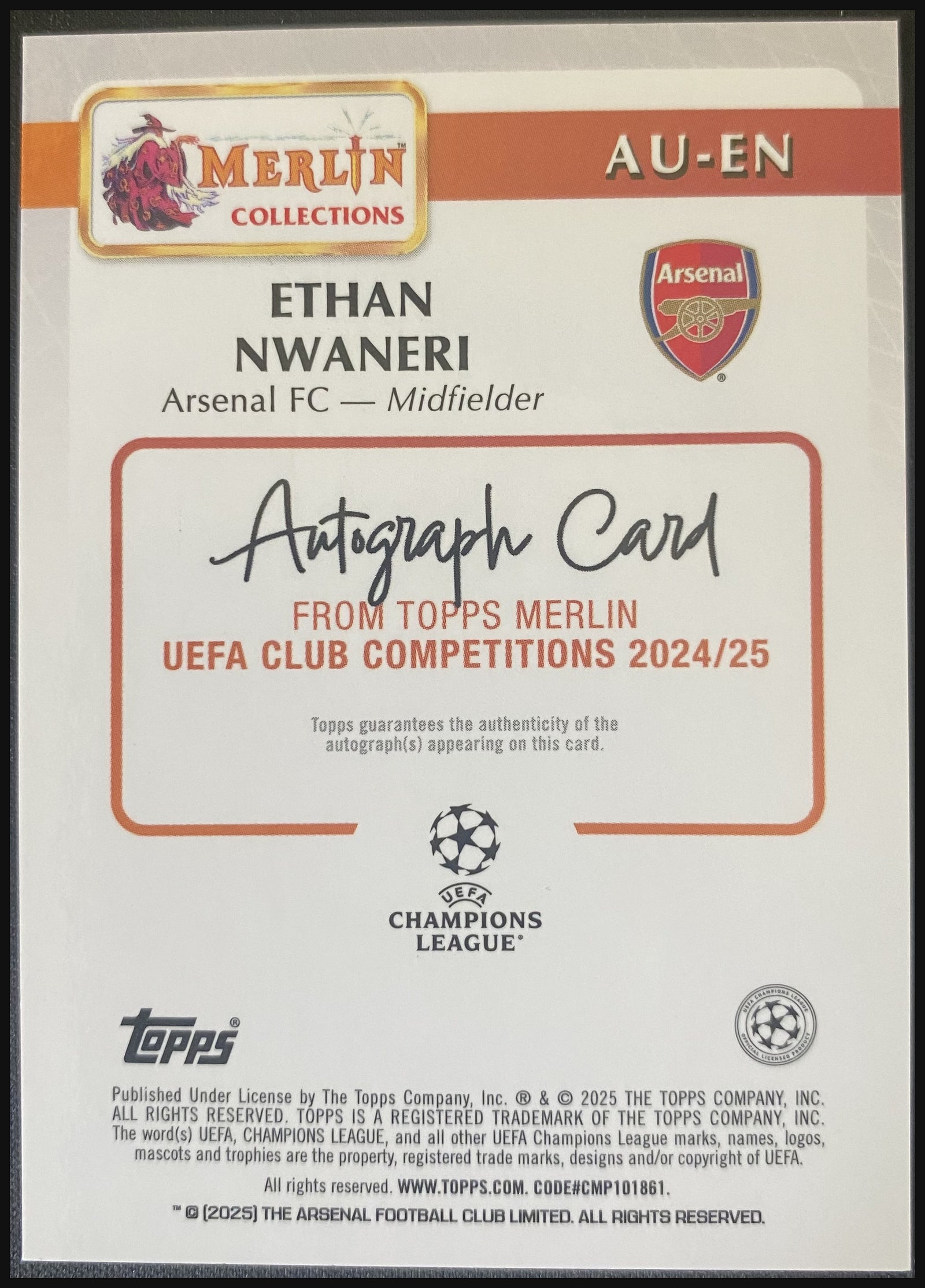 ETHAN NWANERI 2024/25 Topps Merlin UEFA Red Refractor Auto RC #AU-EN 1/5 - back