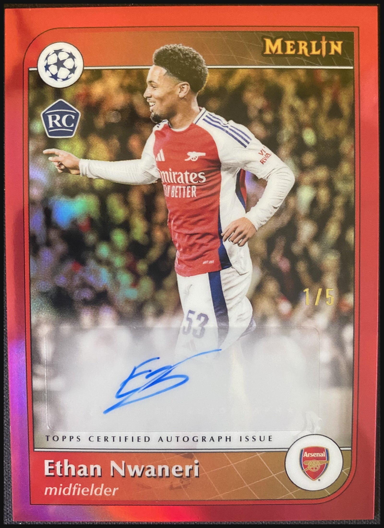 ETHAN NWANERI 2024/25 Topps Merlin UEFA Red Refractor Auto RC #AU-EN 1/5 - front