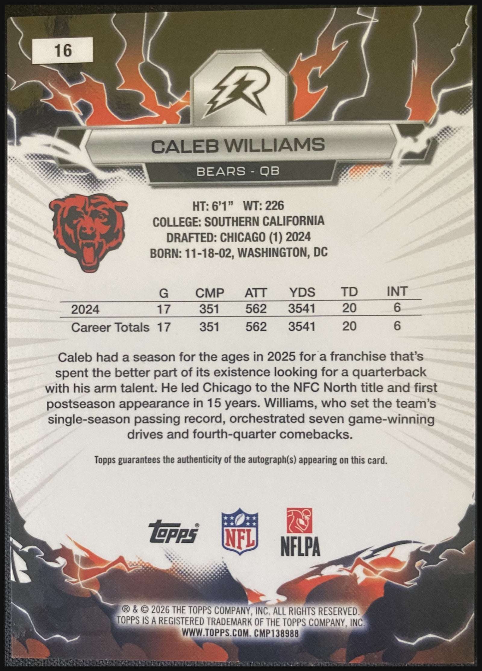 CALEB WILLIAMS 2025 Topps Resurgence Orange Power Surge Auto #16 20/25 - back