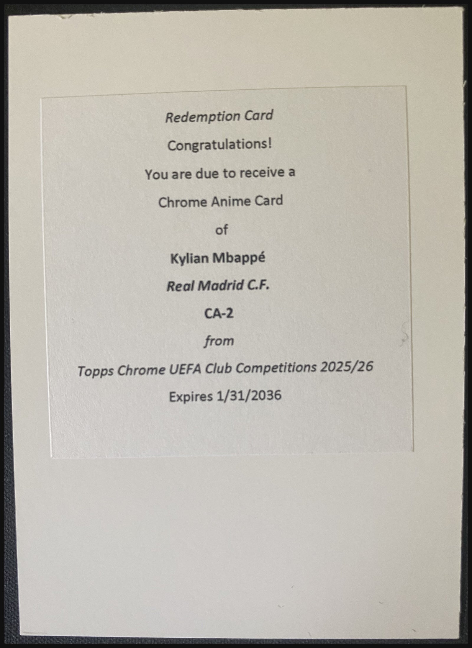 KYLIAN MBAPPÉ 2025/26 Topps Chrome UEFA Club Competitions Chrome Anime Redemption #CA-2 - front