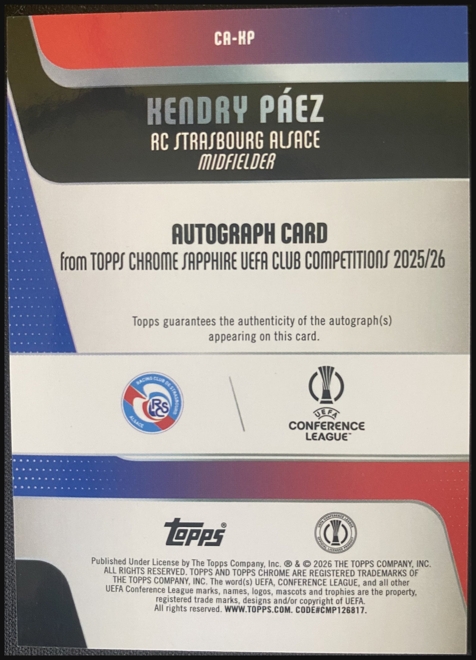 KENDRY PÁEZ 2025/26 Topps Chrome Sapphire UEFA Orange Sapphire Auto RC #CA-KP 18/25 - back