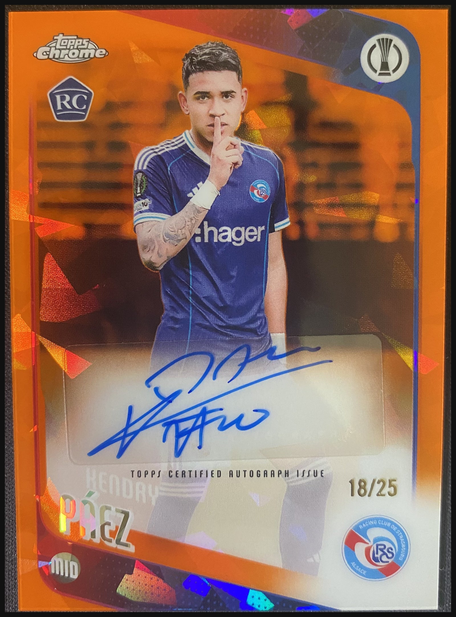 KENDRY PÁEZ 2025/26 Topps Chrome Sapphire UEFA Orange Sapphire Auto RC #CA-KP 18/25 - front