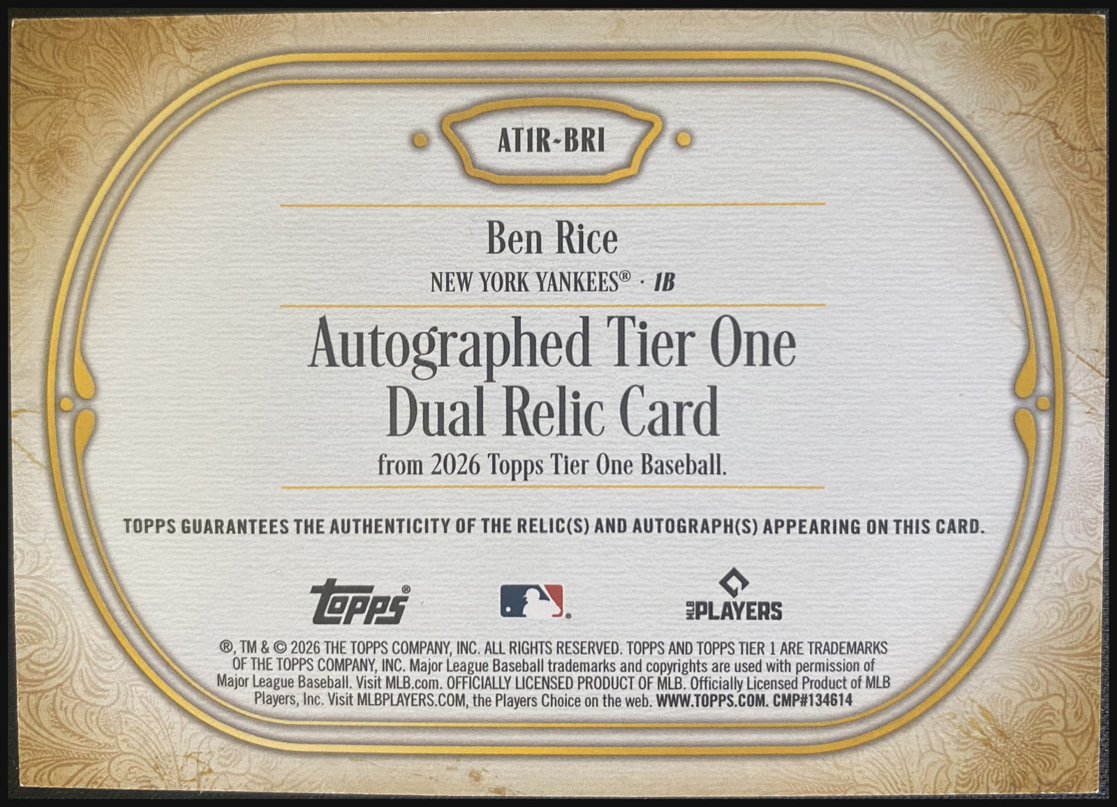 BEN RICE 2026 Topps Tier One Autographed Dual Relic #AT1R-BRI 04/99 - back
