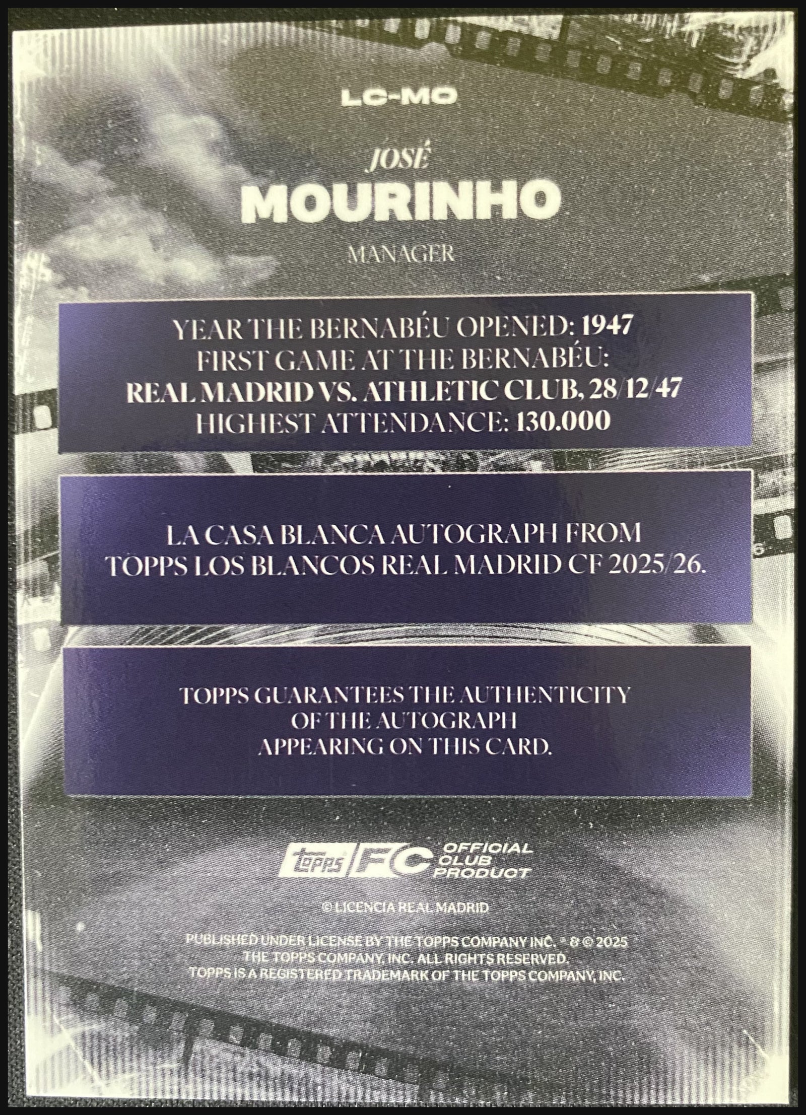 JOSÉ MOURINHO 2025/26 Topps Los Blancos Real Madrid C.F. La Casa Blanca Orange Auto #LC-MO 13/25 - back
