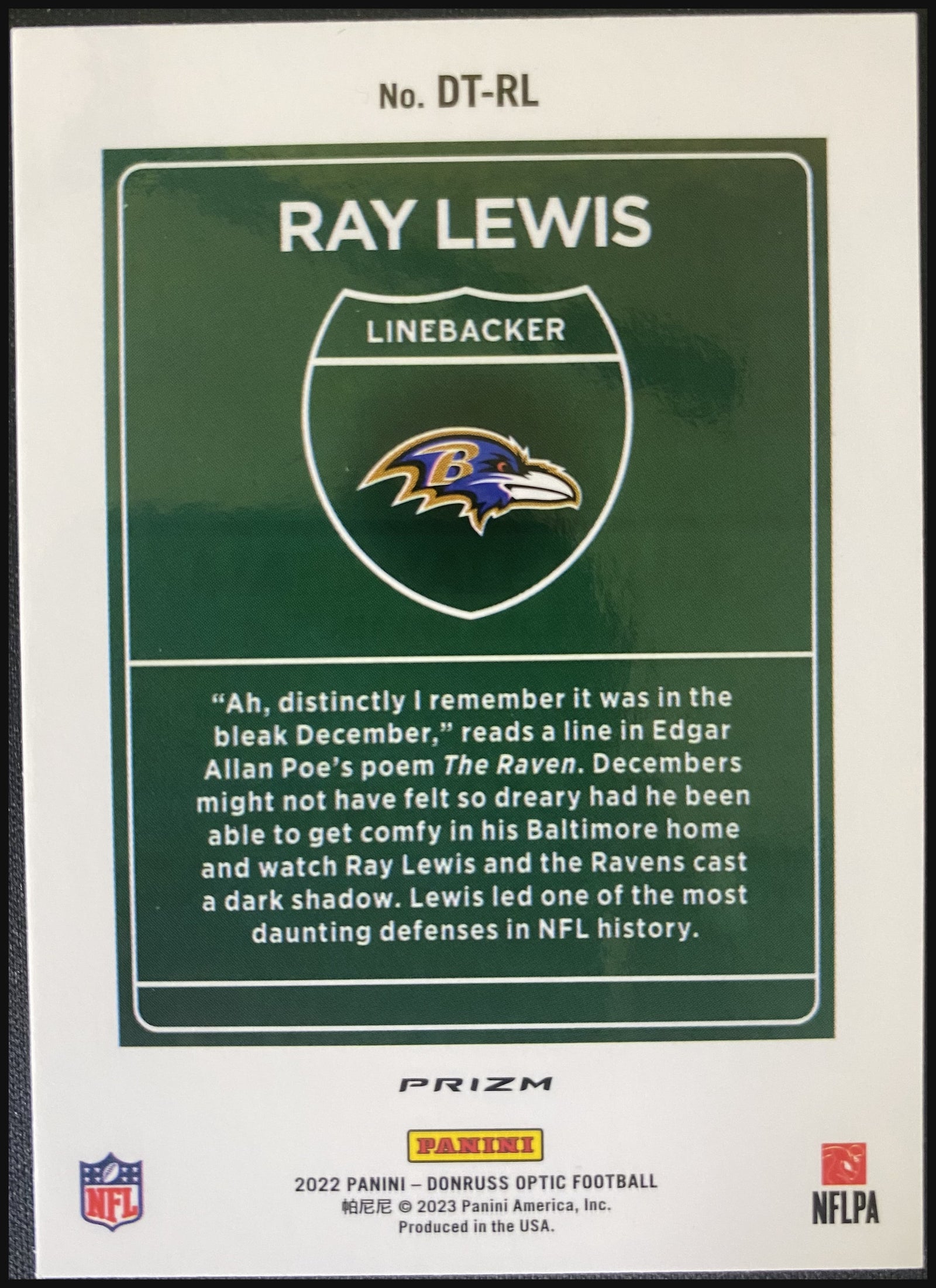 RAY LEWIS 2022 Panini Donruss Optic Downtown #DT-RL - back