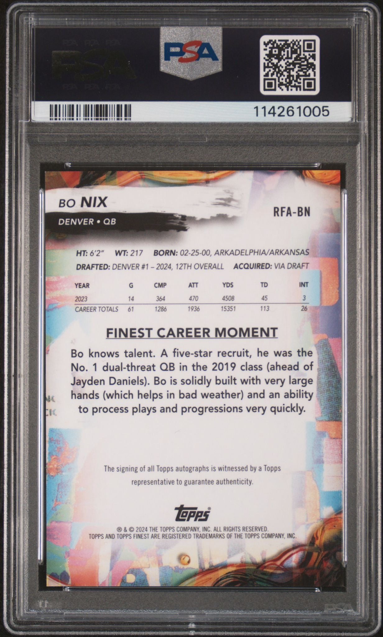 BO NIX - 2024 Topps Finest NFL PSA 10 RC
