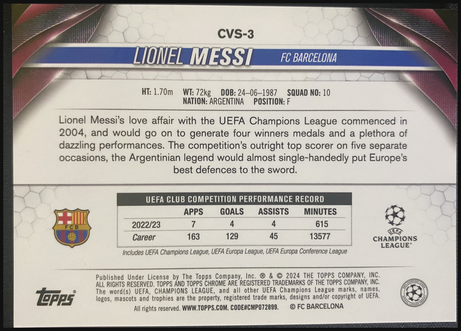 LIONEL MESSI 2023/24 Topps Chrome Sapphire UEFA Club Competitions Image Variation #CVS-3 - back