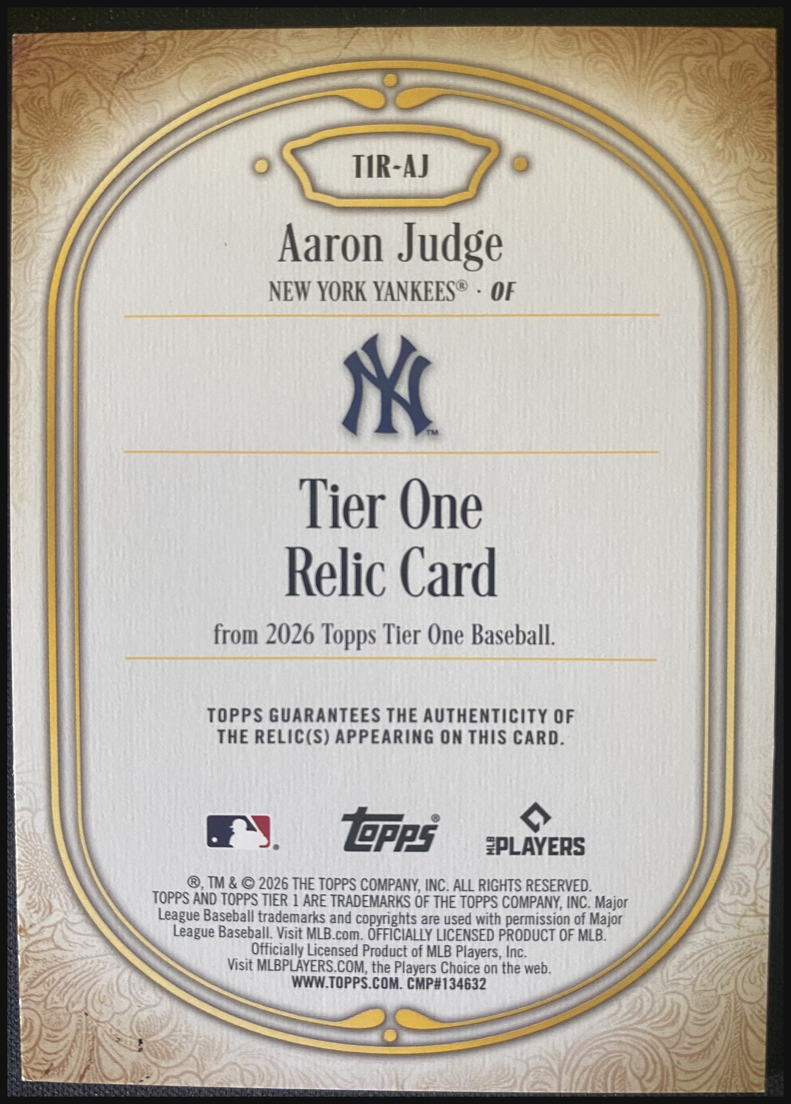 AARON JUDGE 2026 Topps Tier One Relic #T1R-AJ 163/199 - back