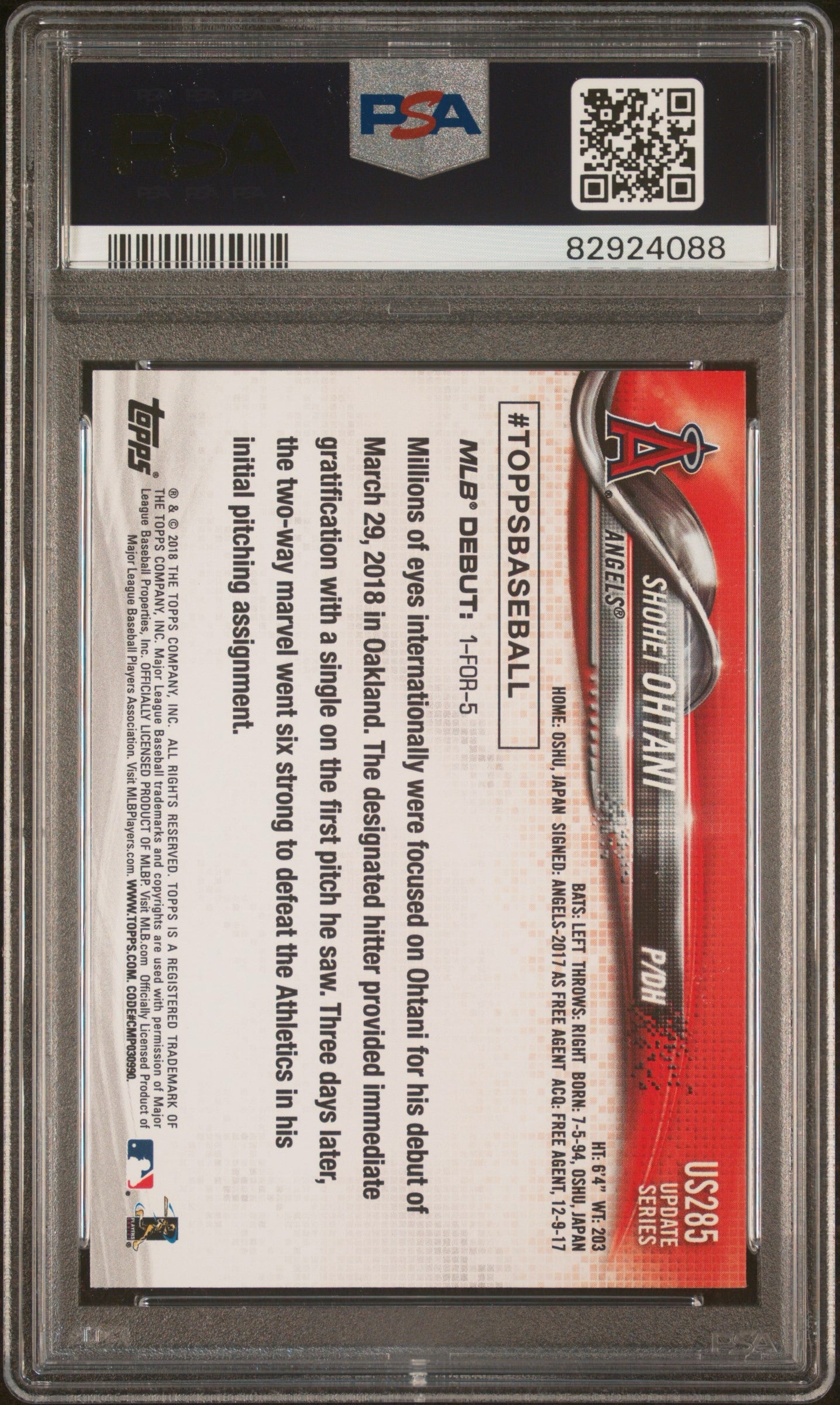 SHOHEI OHTANI - 2018 Topps Update RC #US285 PSA 10