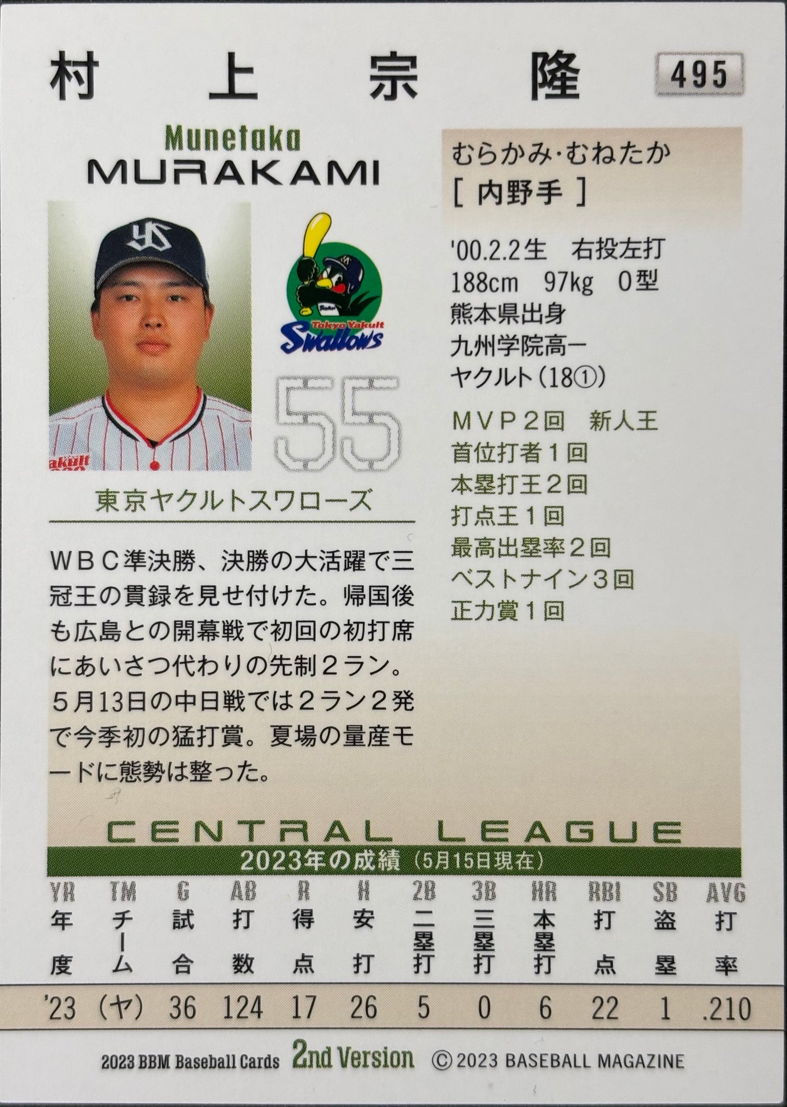 MUNETAKA MURAKAMI - 2023 BBM Baseball Cards 2nd Version Foil Refractor #495