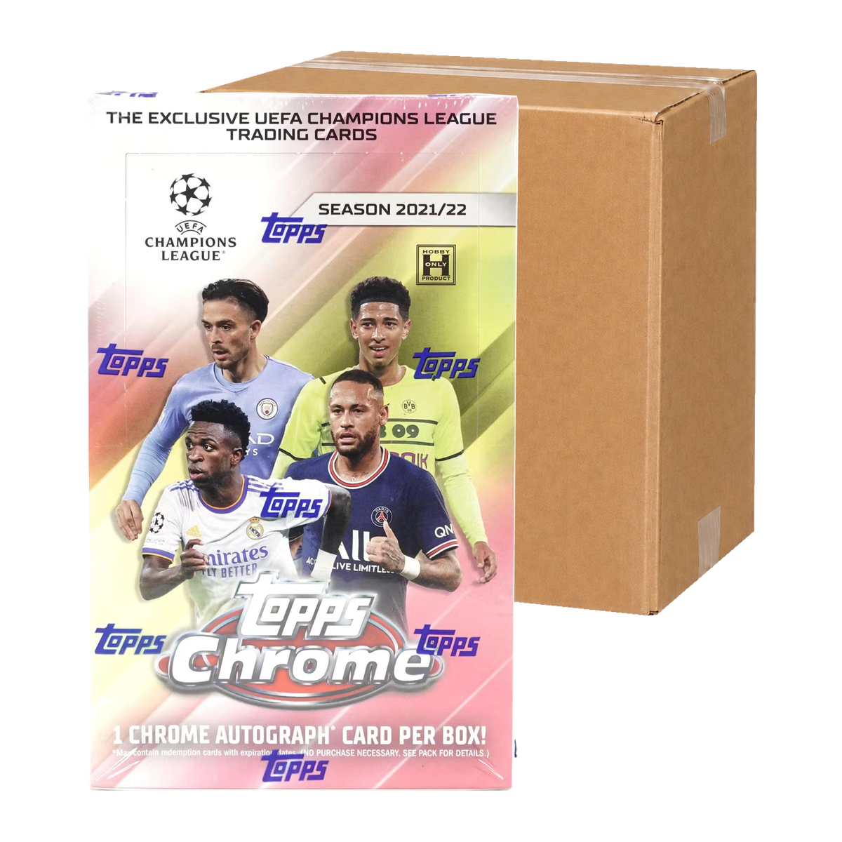 2021/22 Topps Chrome UEFA Champions League Hobby Case — illustrative Hobby Box and neutral carton, transparent background