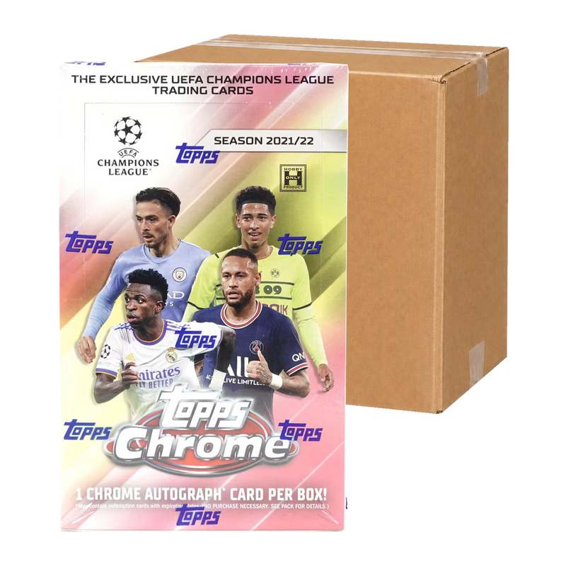 2021/22 Topps Chrome UEFA Champions League Hobby Case — illustrative Hobby Box and neutral carton, transparent background