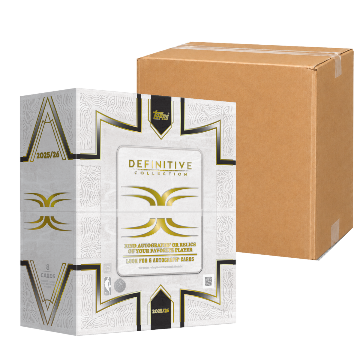 2025/26 Topps Definitive Basketball Hobby Case - original Hobby Box in front of a neutral sealed carton