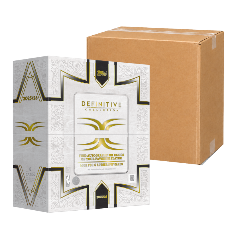 2025/26 Topps Definitive Basketball Hobby Case - original Hobby Box in front of a neutral sealed carton