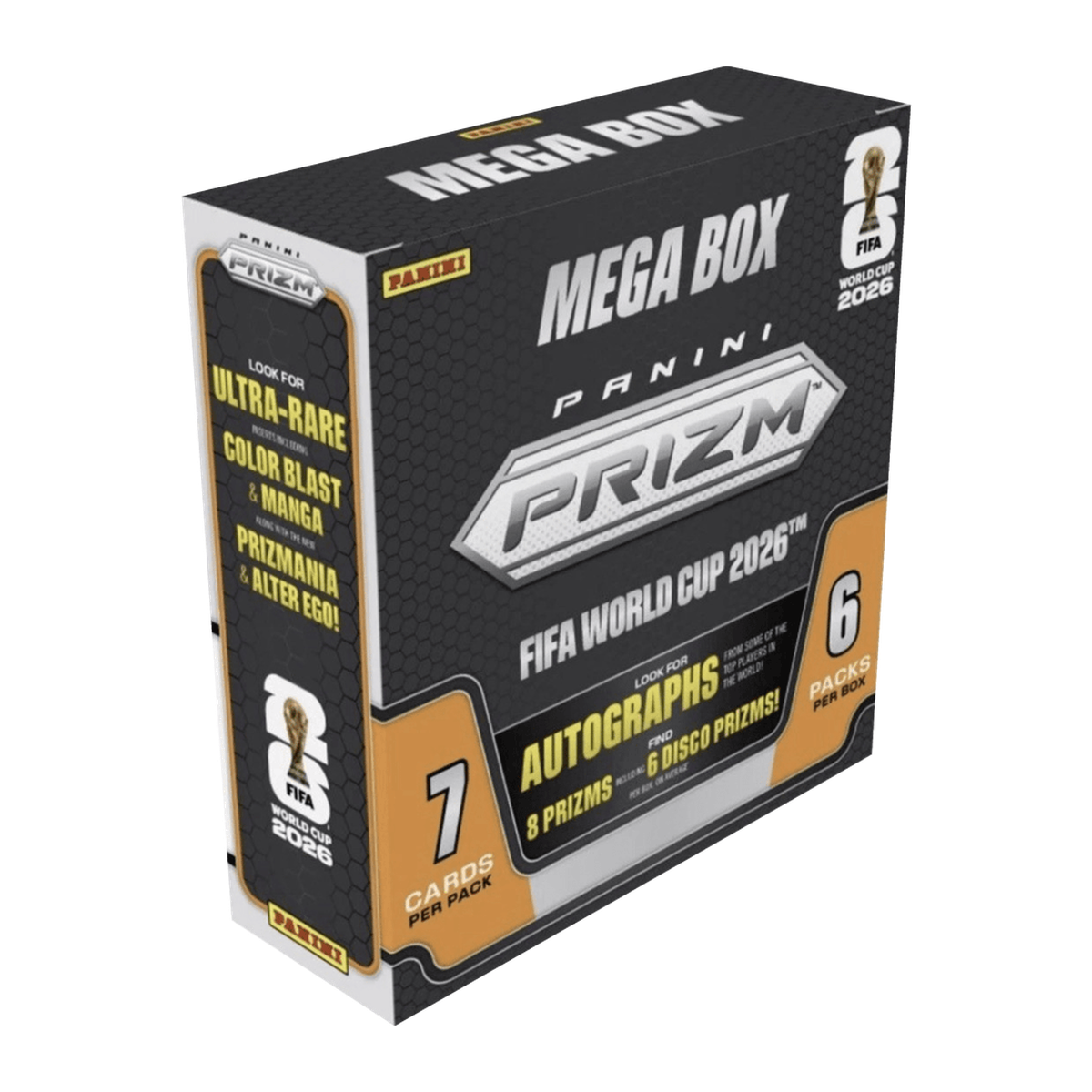 2026 Panini Prizm FIFA World Cup Soccer NPP Mega Box — 6 packs, 7 cards per pack, original packaging on transparent background