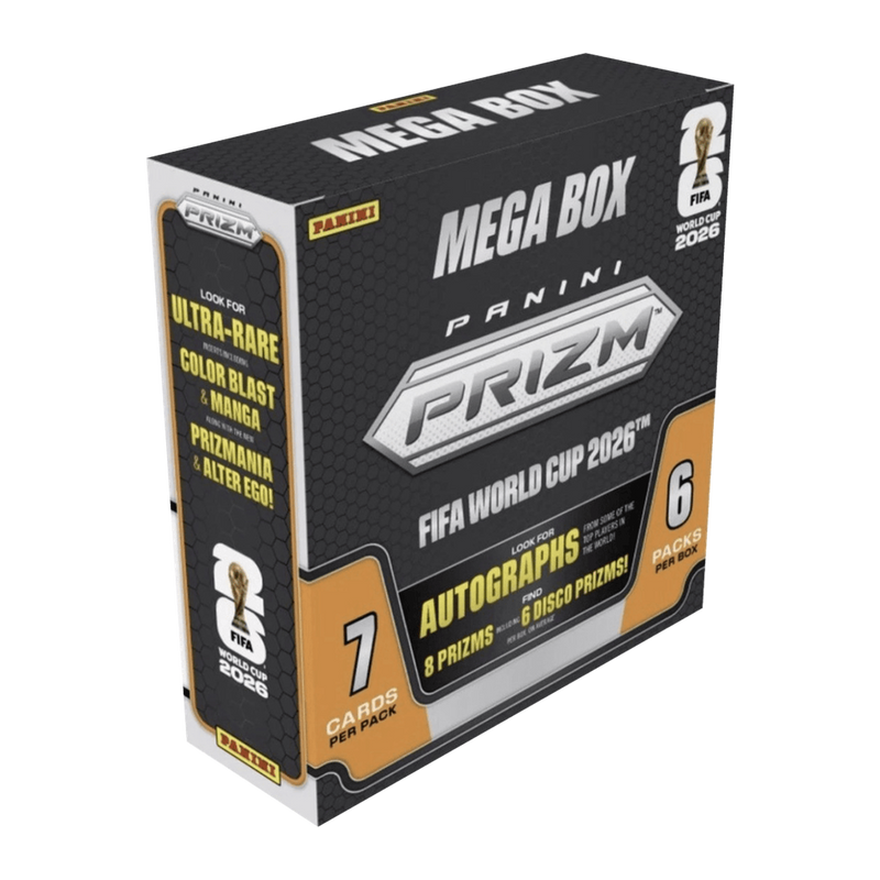 2026 Panini Prizm FIFA World Cup Soccer NPP Mega Box — 6 packs, 7 cards per pack, original packaging on transparent background