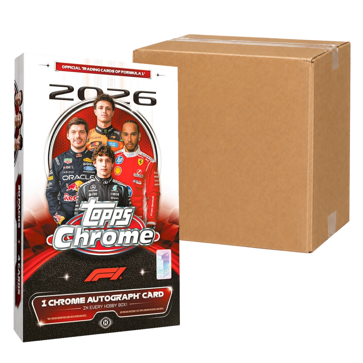 2026 Topps Chrome Formula 1 Hobby Case - original Hobby Box with sealed brown carton behind, transparent background