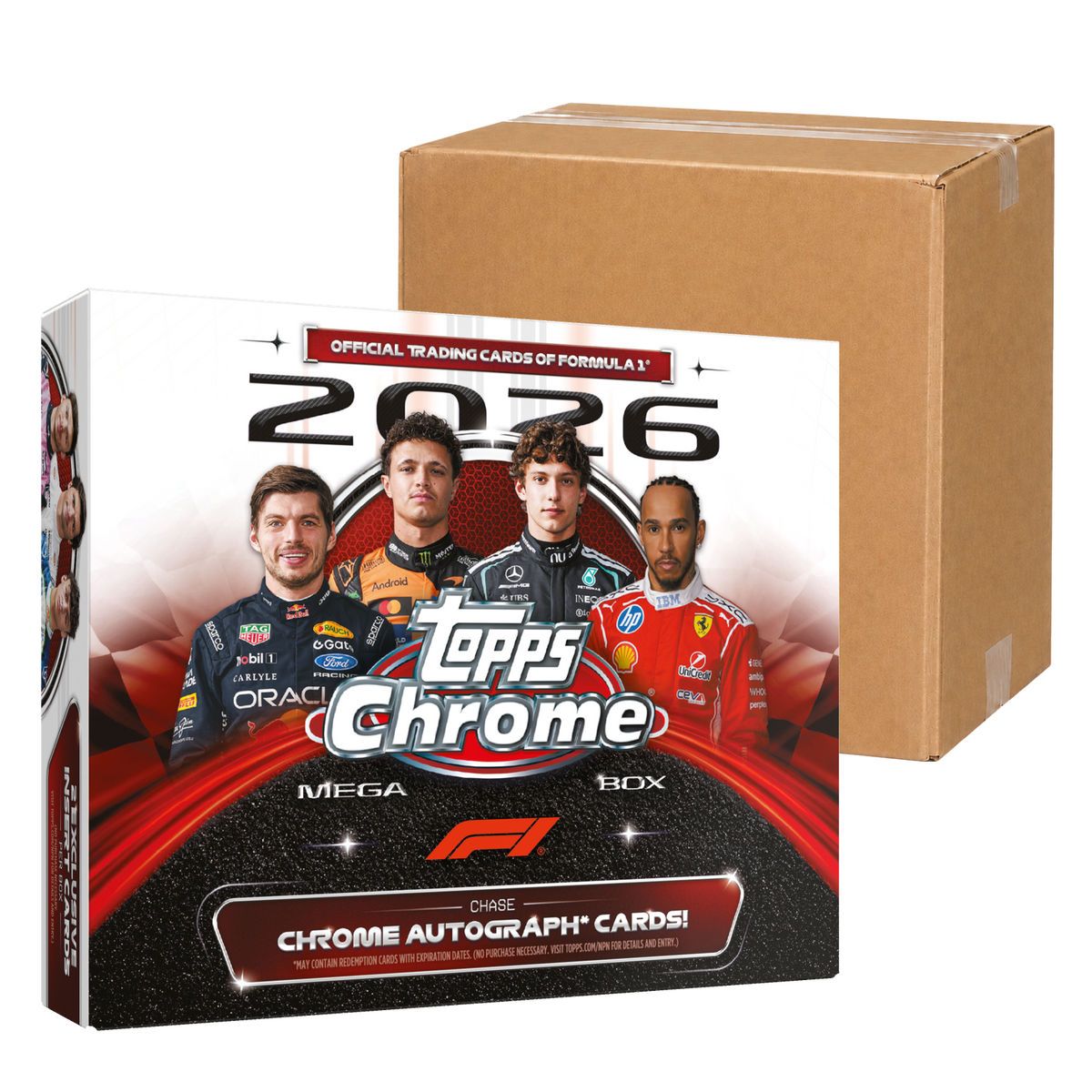 2026 Topps Chrome Formula 1 Mega Case - original Mega Box in front of a sealed brown carton