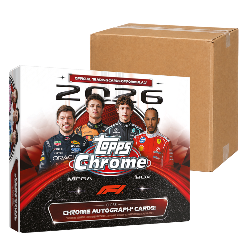 2026 Topps Chrome Formula 1 Mega Case - original Mega Box in front of a sealed brown carton