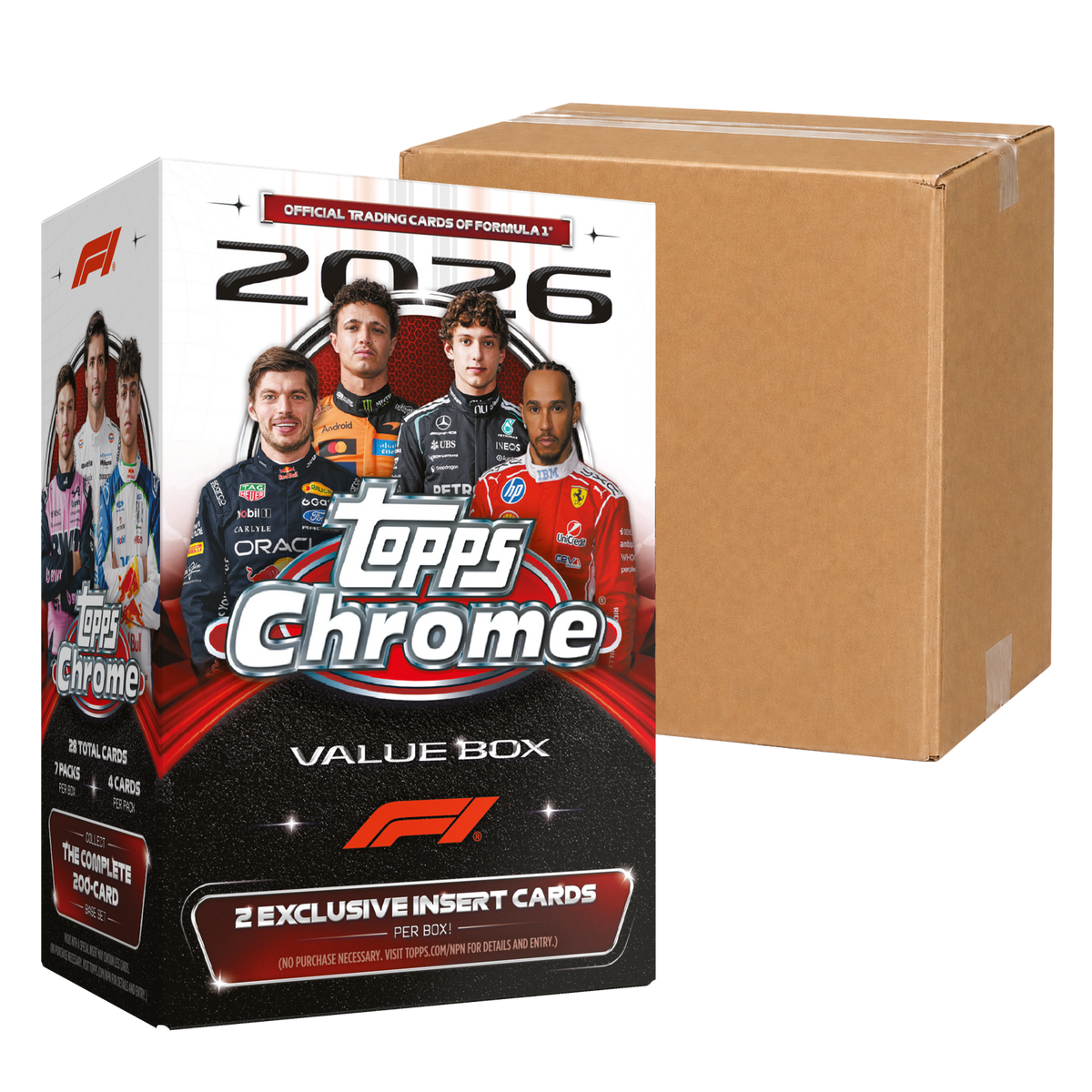 2026 Topps Chrome Formula 1 Value Case - original Value Box in front of a sealed brown carton