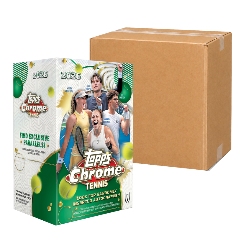 2026 Topps Chrome Tennis Value Case - original Value Box in front of a neutral sealed carton