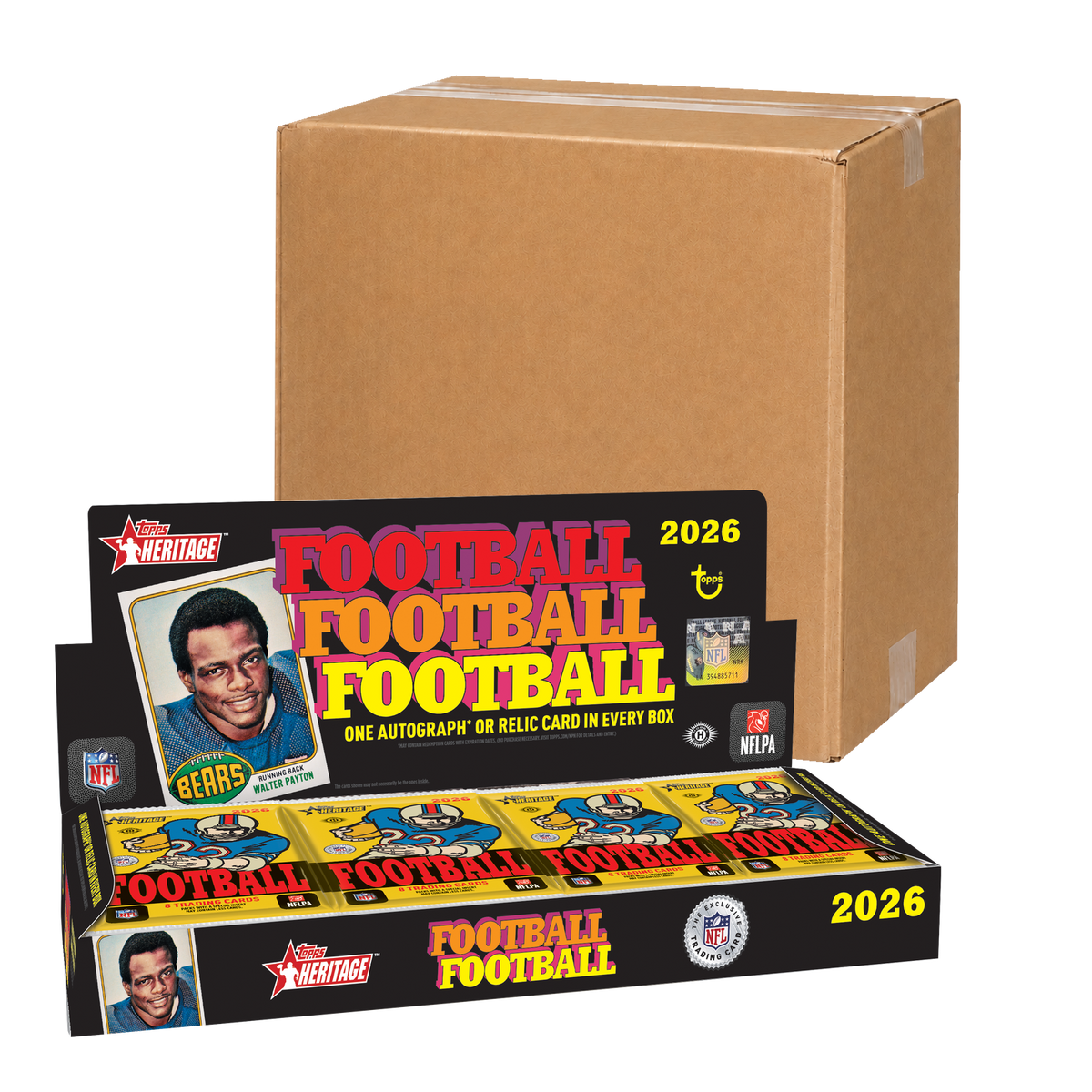 2026 Topps Heritage Football Hobby Case – original box in front of a sealed shipping carton
