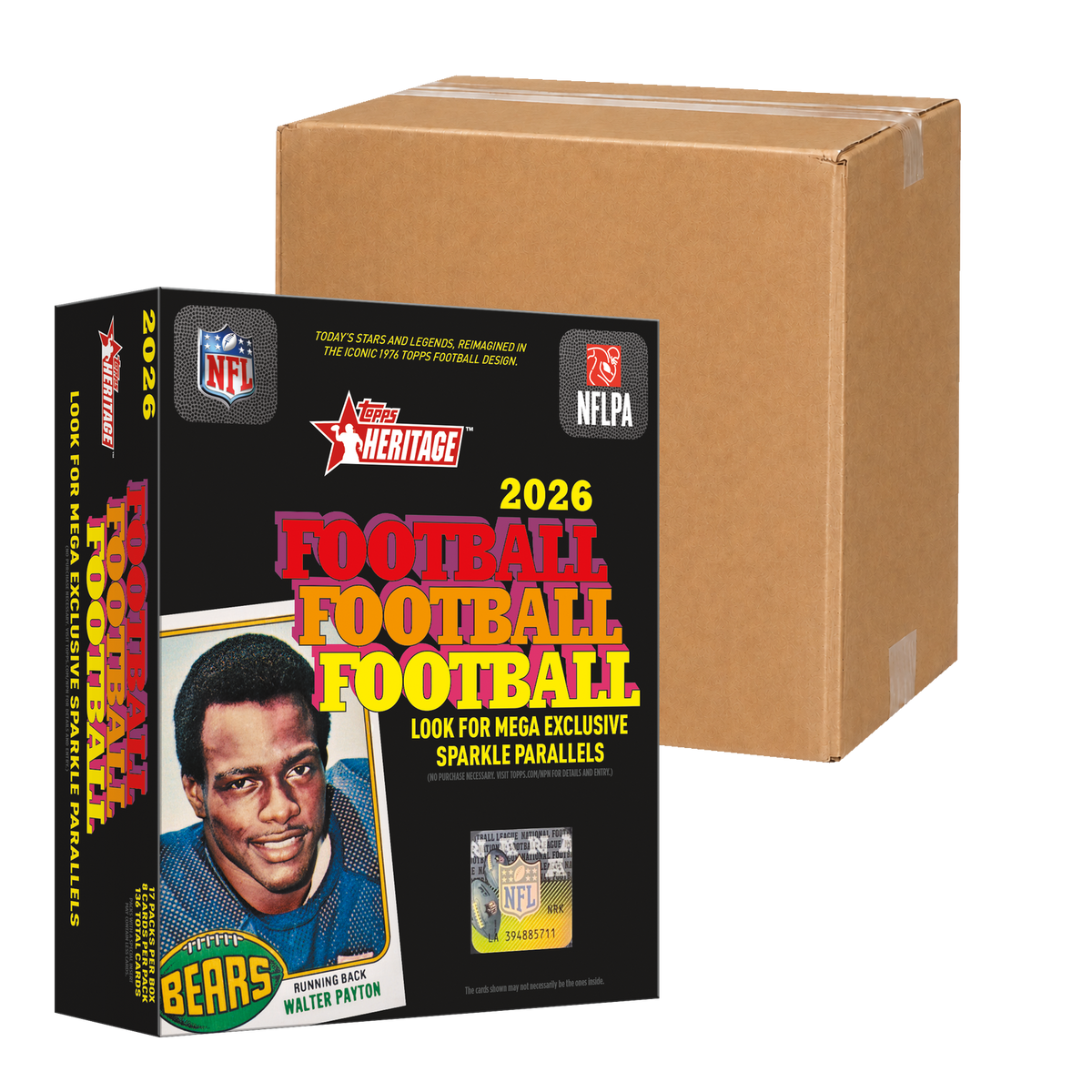 2026 Topps Heritage Football Mega Case – original box in front of a sealed shipping carton