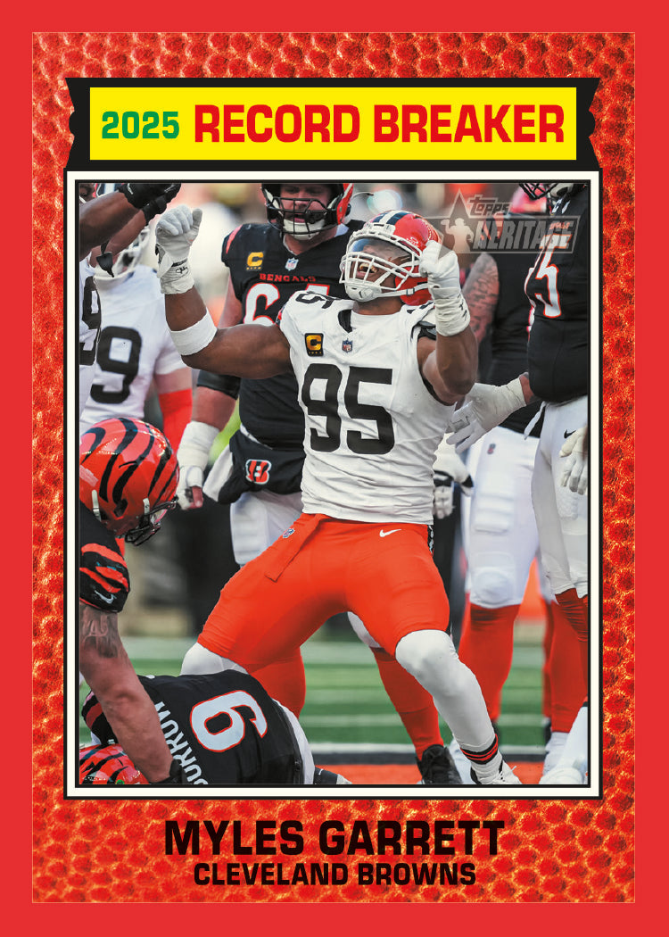 2026 Topps Heritage Football Myles Garrett Record Breaker Red Border – possible pull, not guaranteed