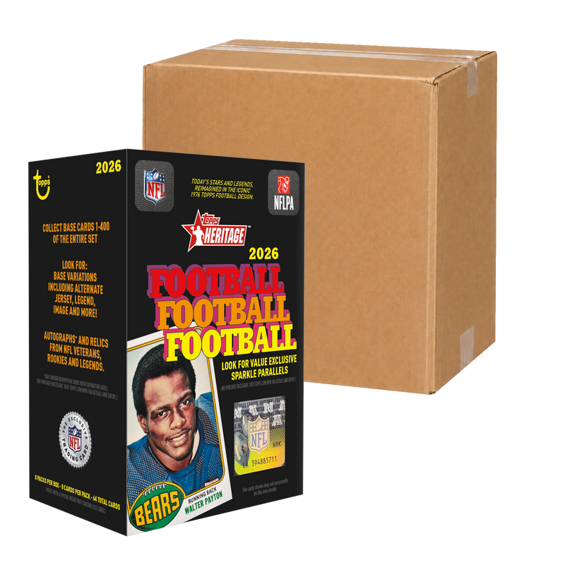 2026 Topps Heritage Football Value Case – original box in front of a sealed shipping carton