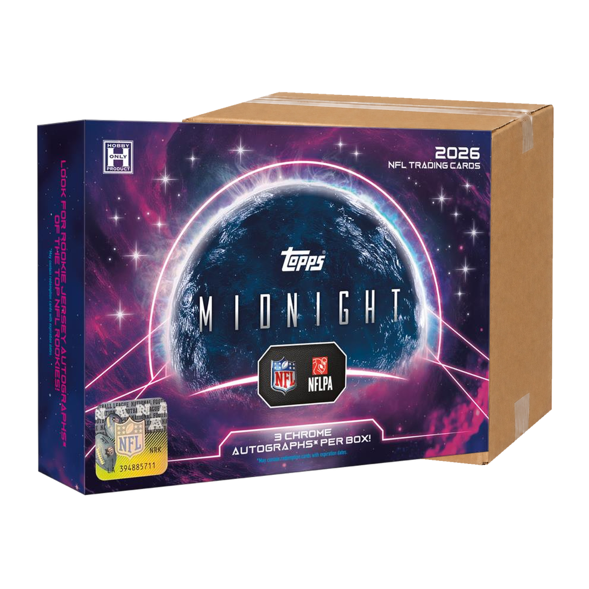2026 Topps Midnight Football Hobby Case illustration - original Hobby Box packaging in front of a generic shipping carton