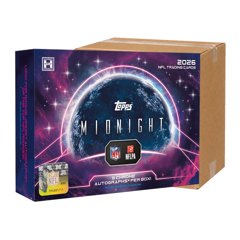 2026 Topps Midnight Football Hobby Case illustration - original Hobby Box packaging in front of a generic shipping carton