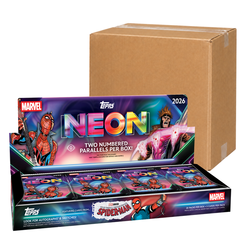 2026 Topps Neon Marvel Hobby Case - original Hobby Box in front of a sealed brown carton