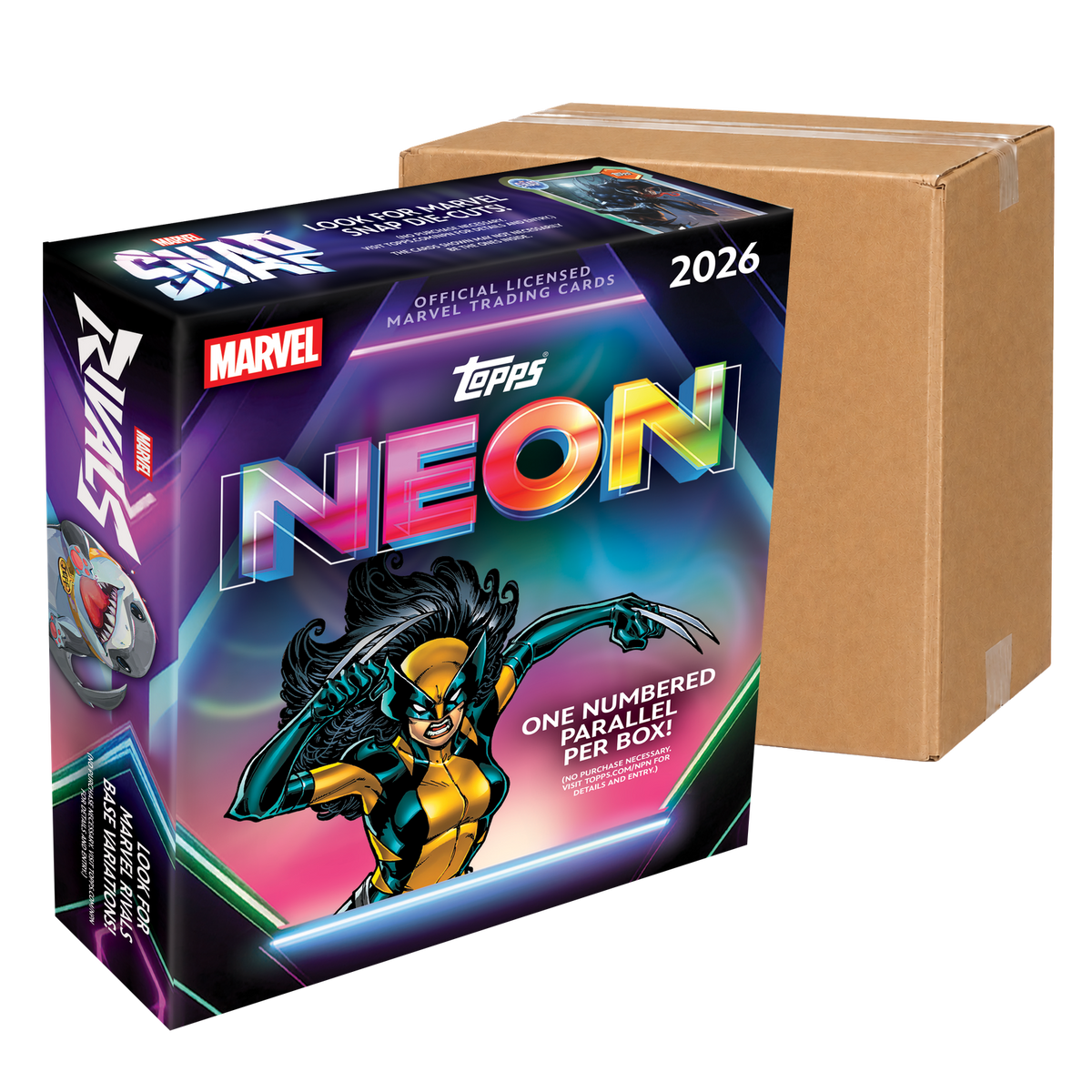 2026 Topps Neon Marvel Mega Case - original Mega Box in front of a sealed brown carton