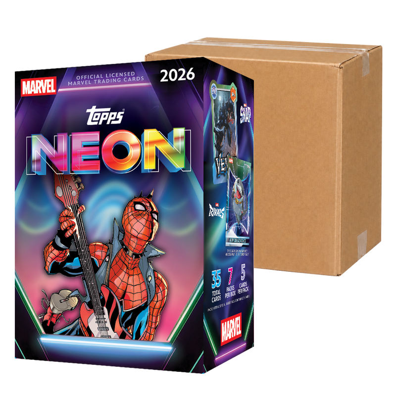 2026 Topps Neon Marvel Value Case - original Value Box in front of a sealed brown carton