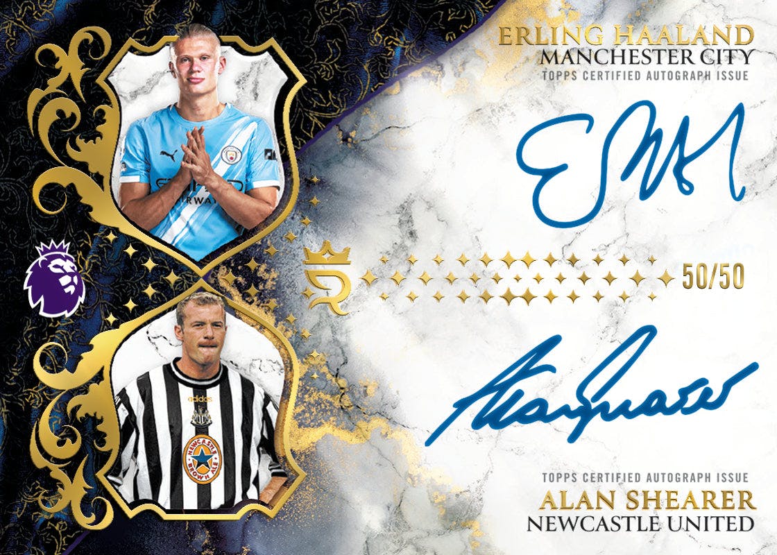 Erling Haaland and Alan Shearer dual autograph possible pull from 2026 Topps Royalty Premier League