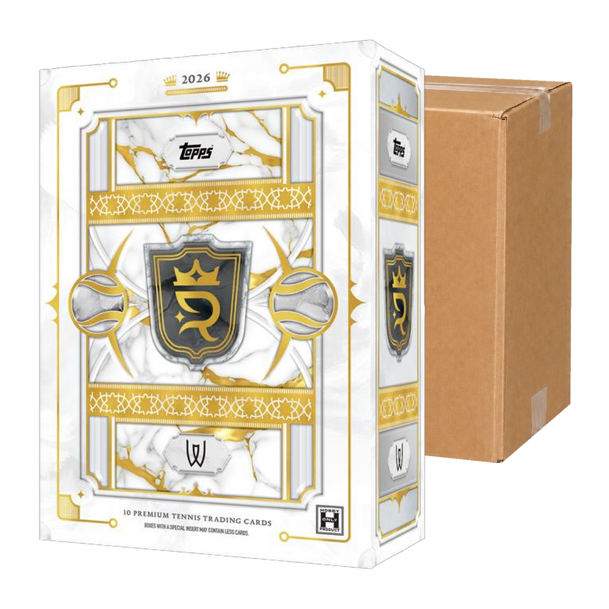2026 Topps Royalty Tennis Hobby Case - illustrative composition of official Hobby Box and neutral carton; 4 Boxes per Case