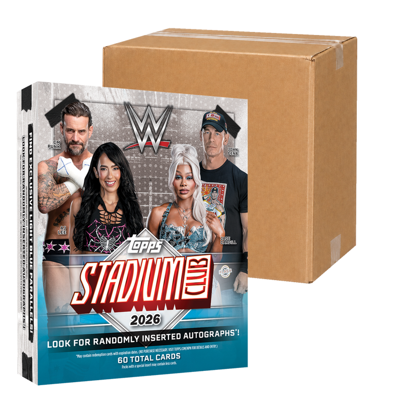 2026 Topps Stadium Club WWE Mega Case – original Mega Box in front of a sealed shipping carton
