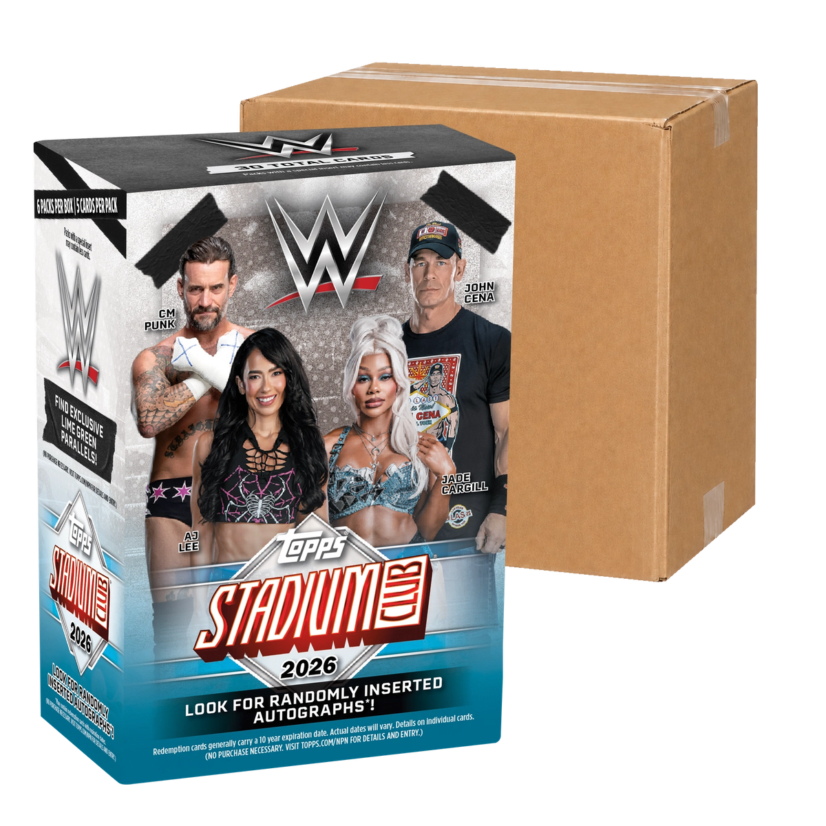 2026 Topps Stadium Club WWE Value Case – original Value Box in front of a sealed carton