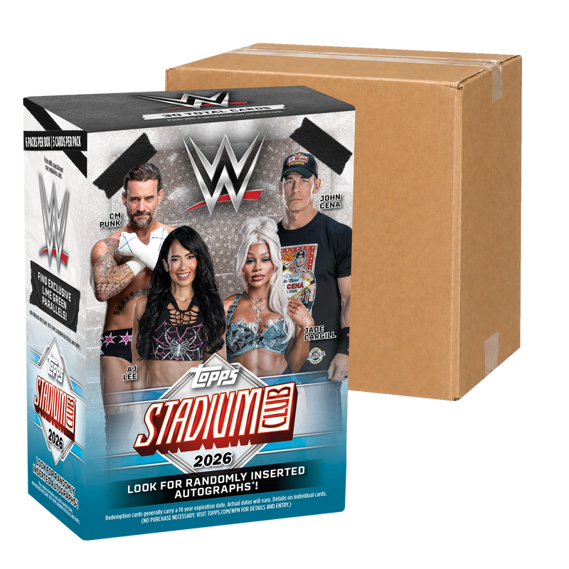 2026 Topps Stadium Club WWE Value Case – original Value Box in front of a sealed carton