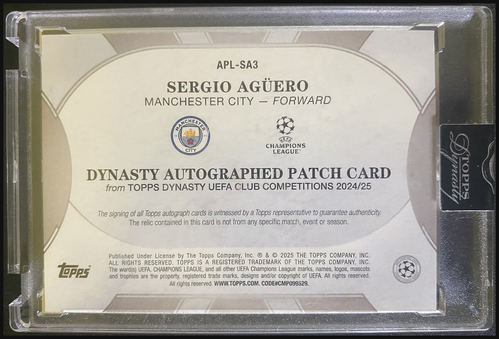 SERGIO AGÜERO 2024/25 Topps Dynasty UEFA Club Competitions Patch Auto #APL-SA3 08/10 - back