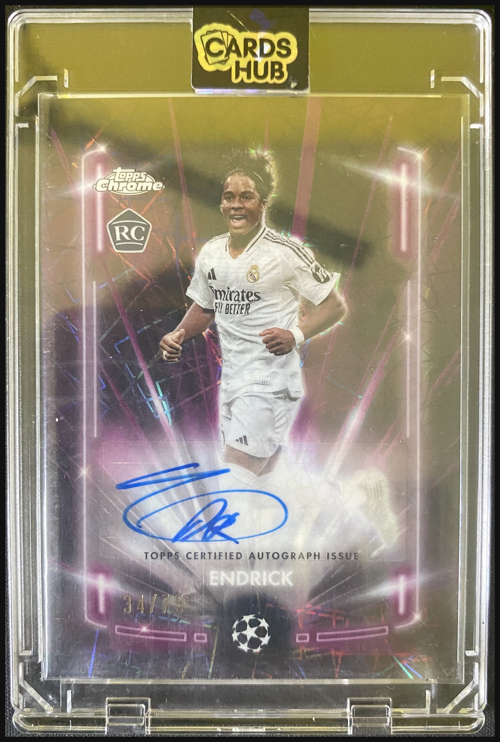 ENDRICK 2024/25 Topps Chrome UEFA Club Competitions Black Lazer Magenta Lazer Auto RC #BLA-E 34/75 - front