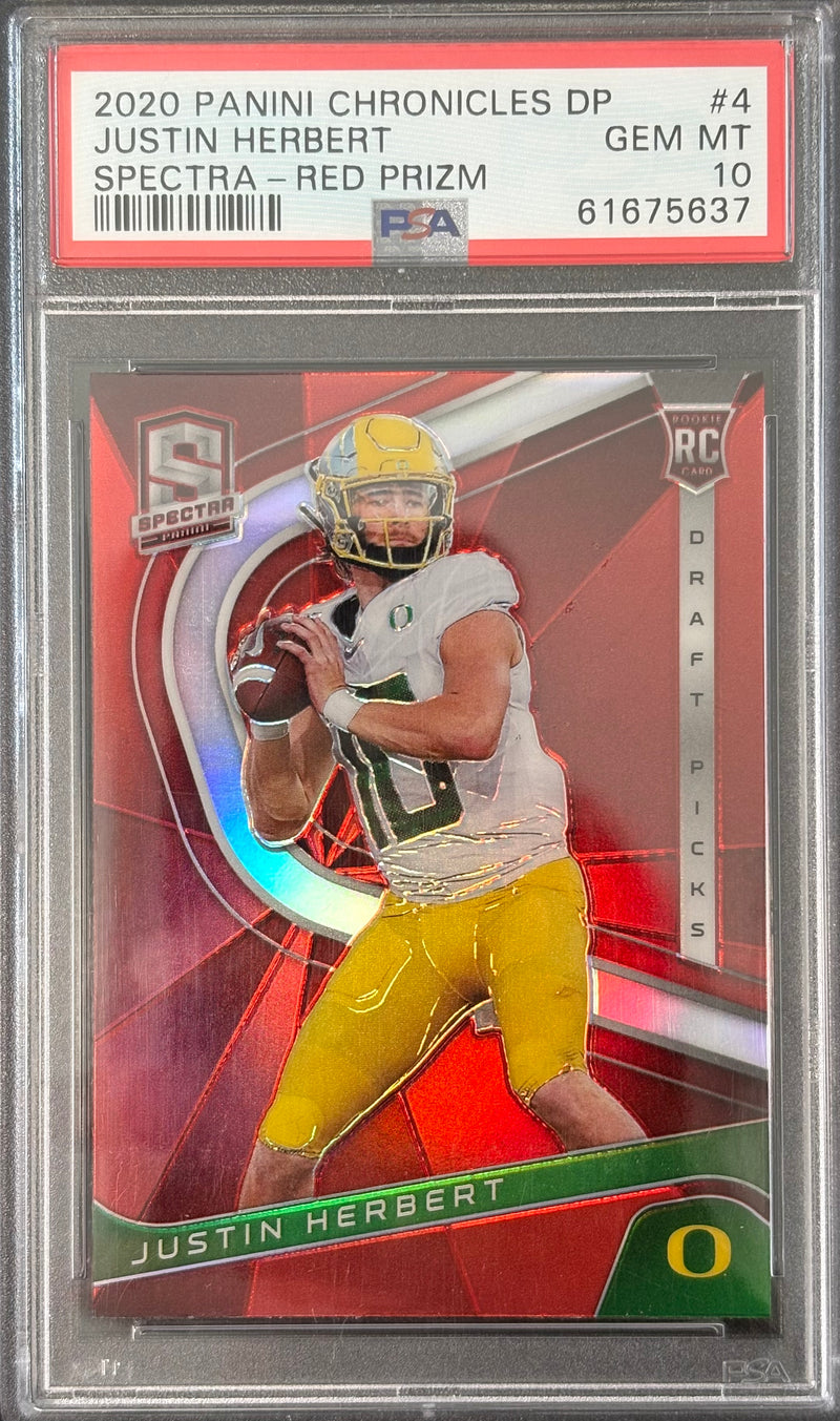 JUSTIN HERBERT - 2020 Panini Chronicles Draft Picks Spectra Red Prizm RC #4 PSA 10