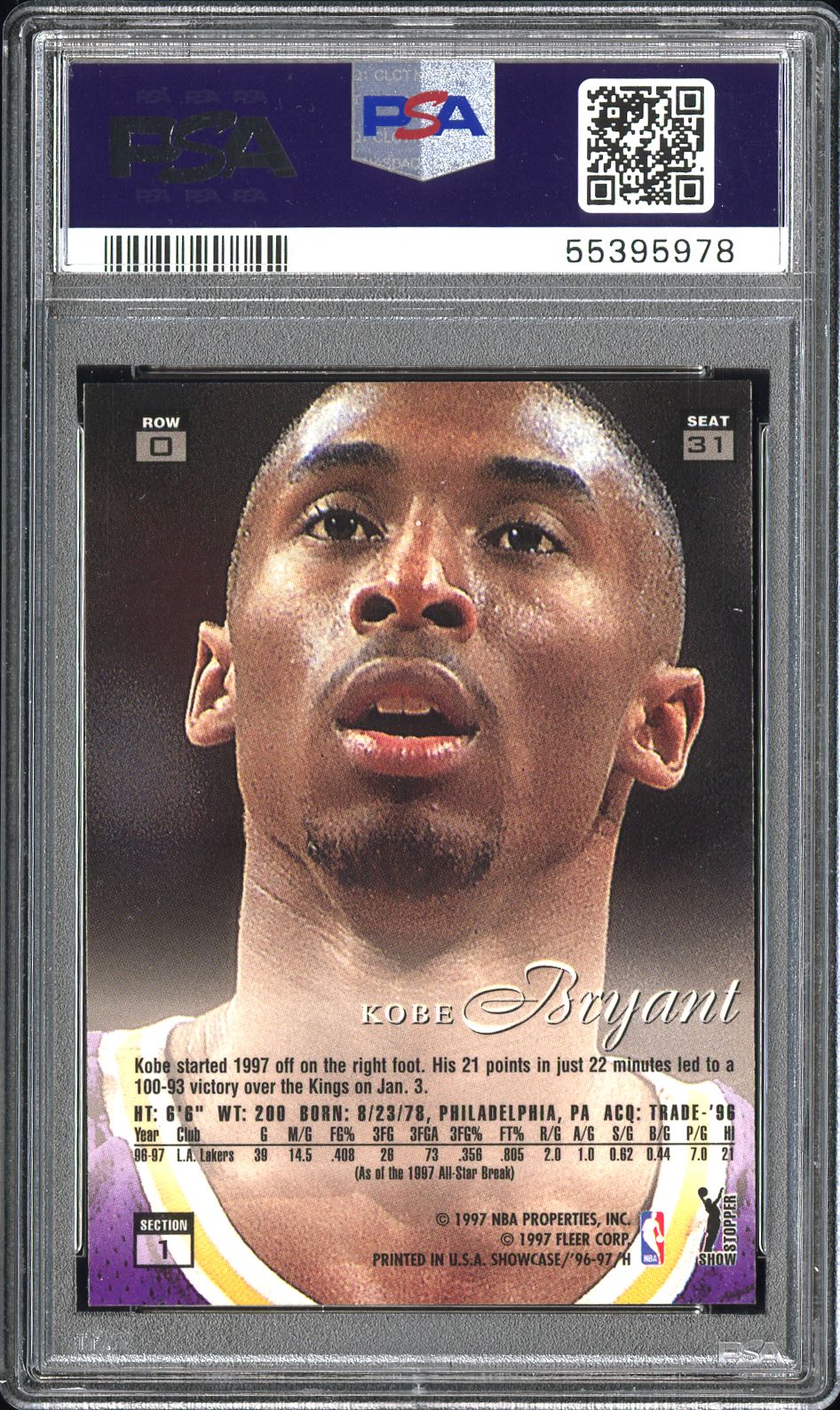 KOBE BRYANT – 1996 Flair Showcase "Row 0" RC PSA 9