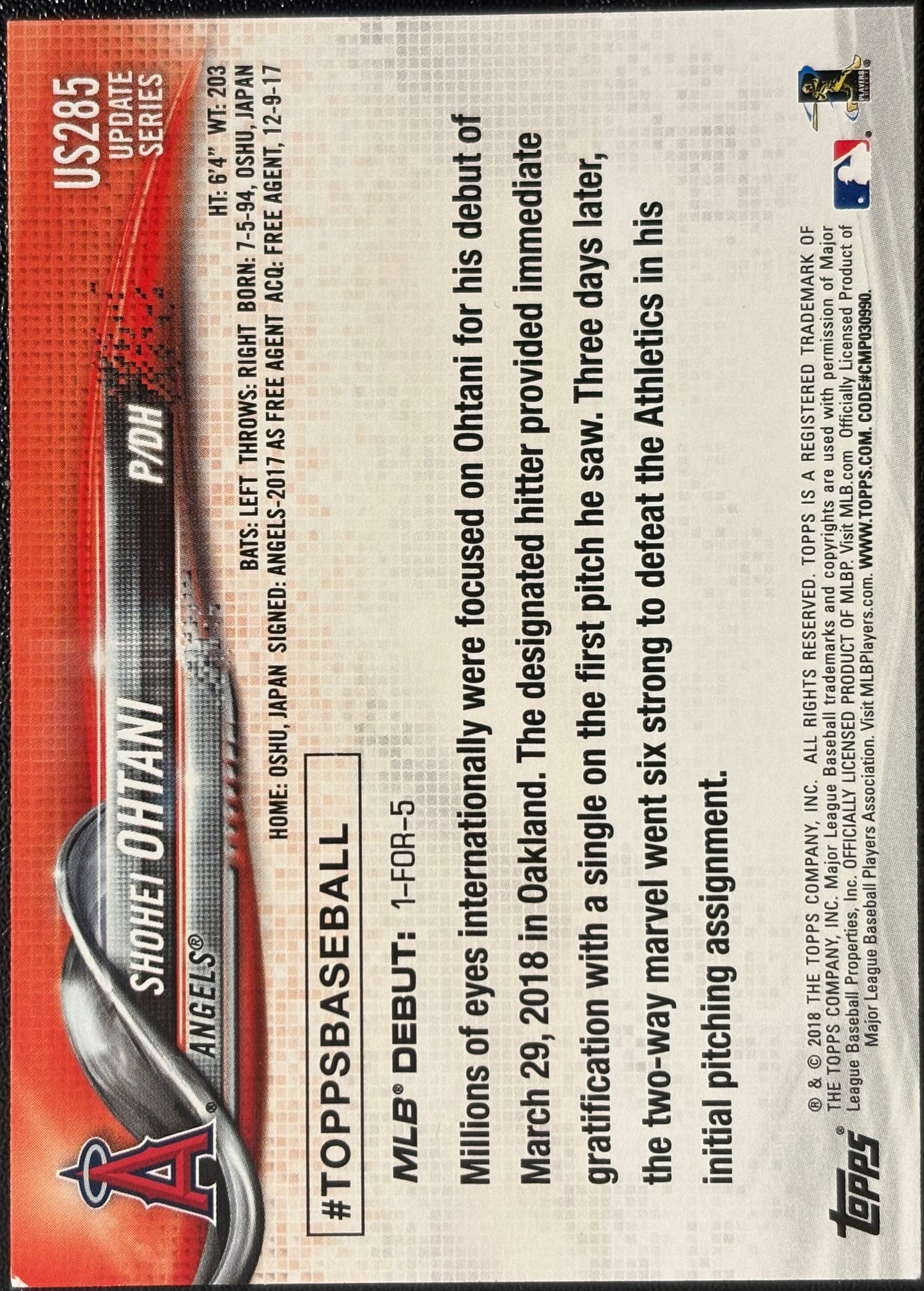 OHTANI - 2018 Topps Update Series #US285 RC