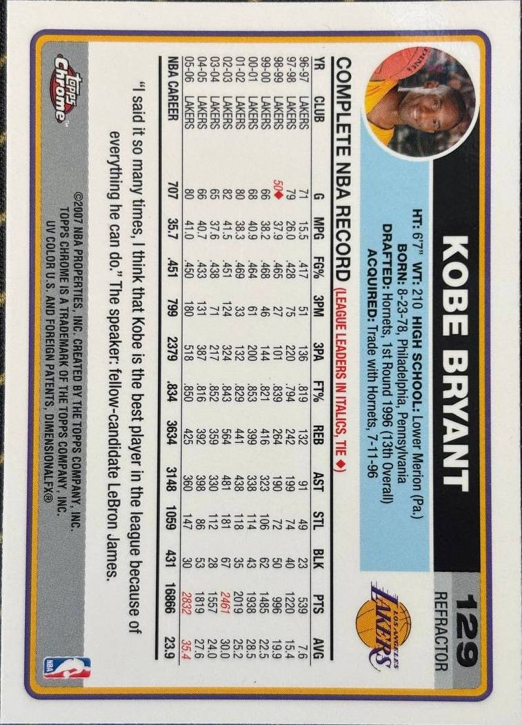 KOBE BRYANT - 2007-08 Topps Chrome Basketball #129 Refractor
