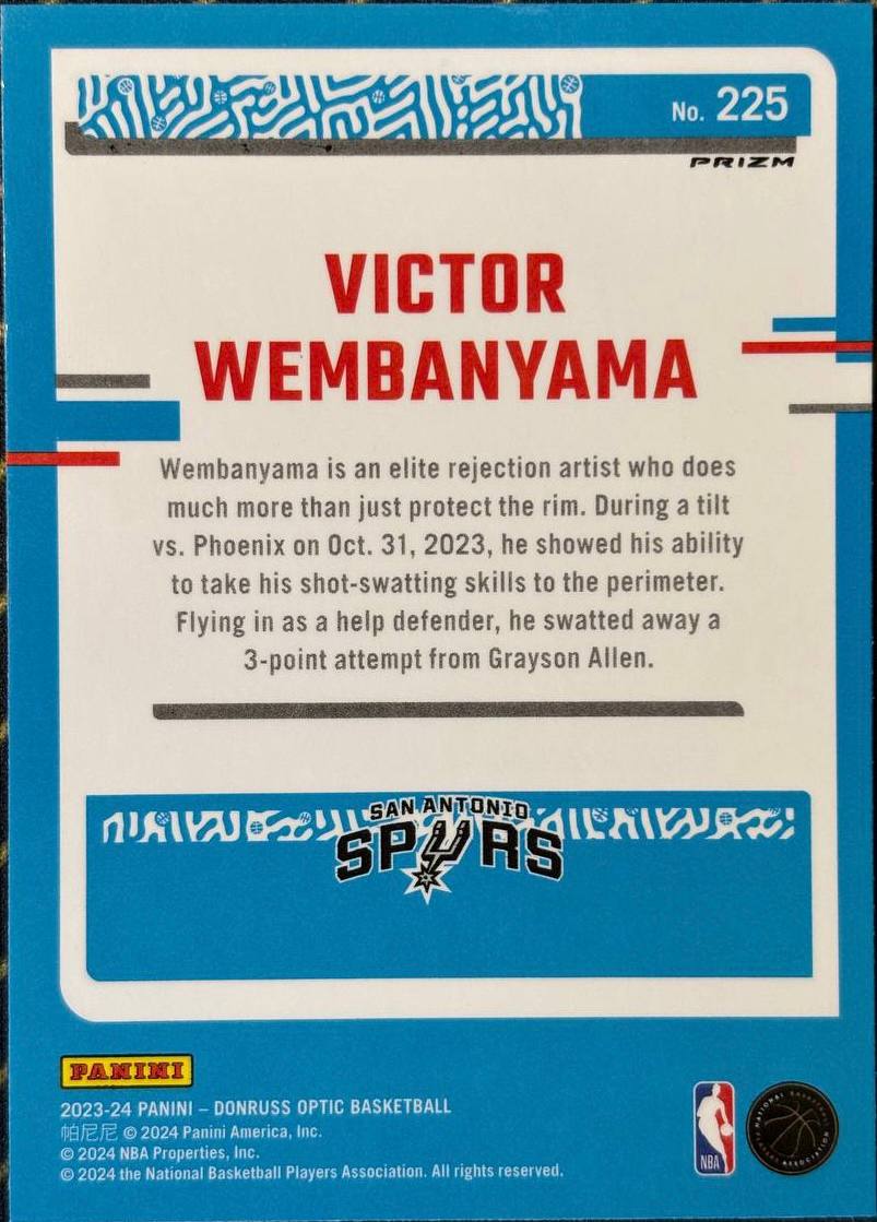 VICTOR WEMBANYAMA - 2023-24 Panini Donruss Optic Basketball Rated Rookie #225 Holo Prizm RC