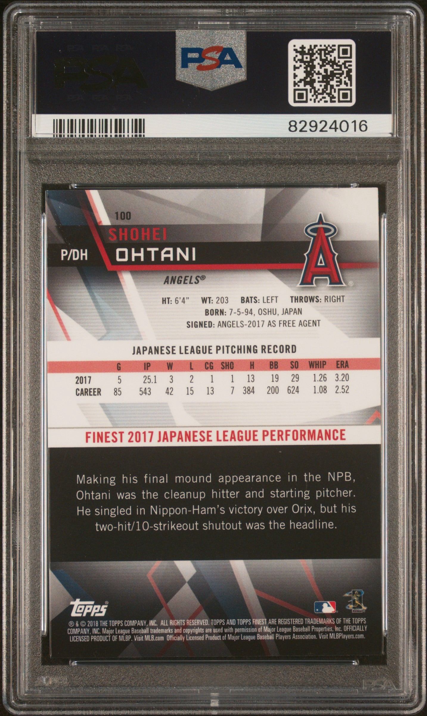 SHOHEI OHTANI - 2018 Topps Finest RC PSA 10