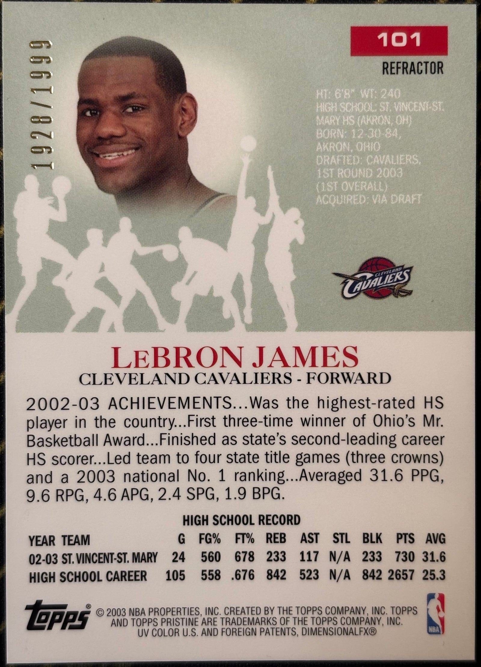 LeBRON JAMES - 2003/04 Topps Pristine Refractor /1999 RC #101