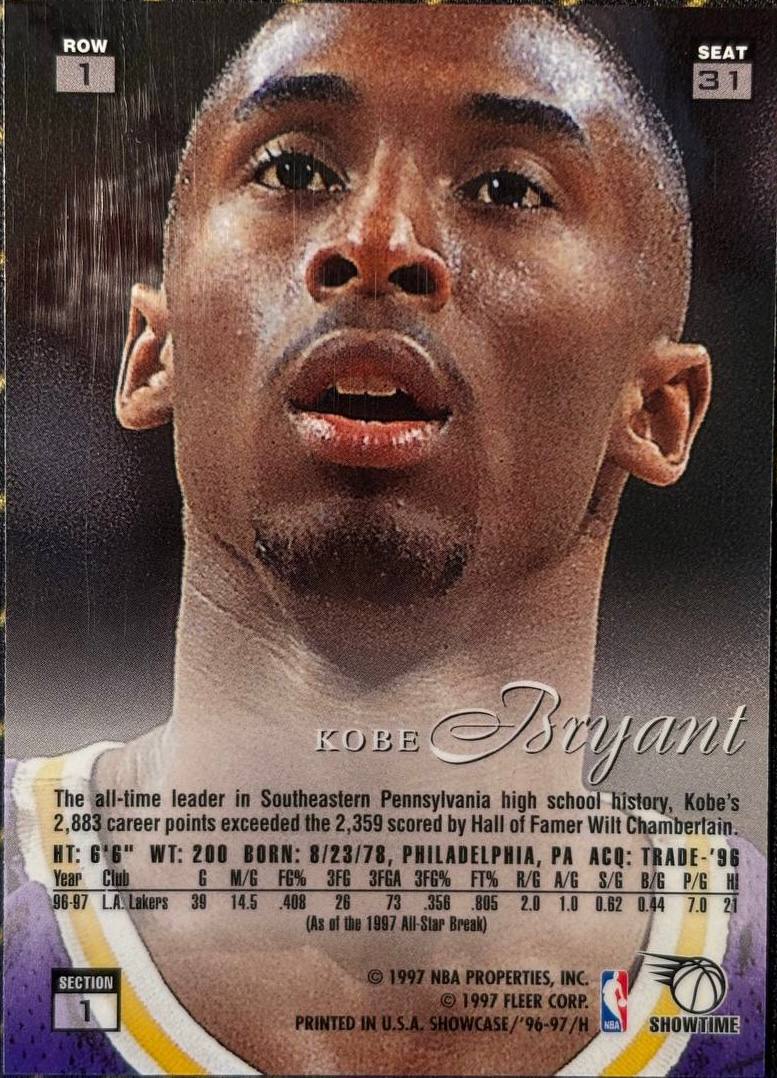 KOBE BRYANT - 1996-97 Flair Showcase Basketball Row 1 Seat 31 RC