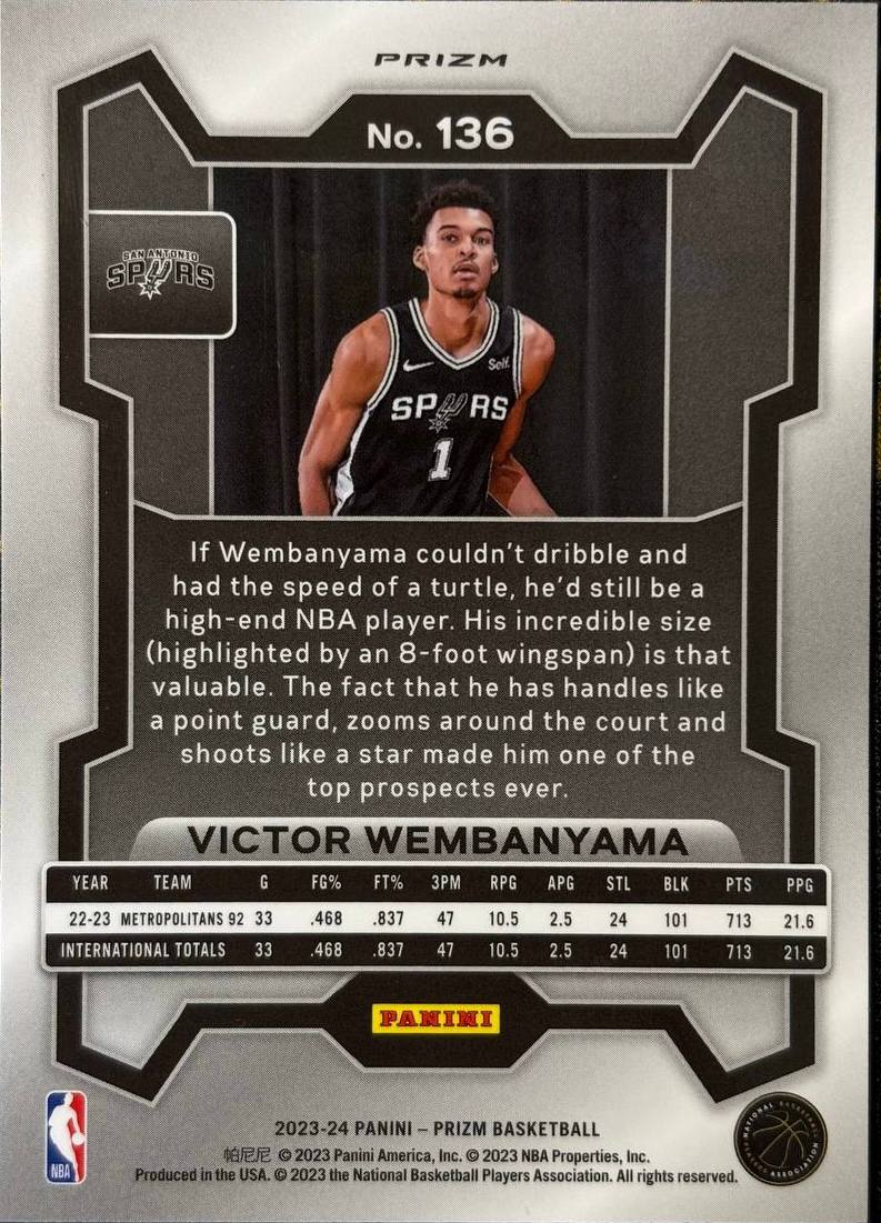 VICTOR WEMBANYAMA - 2023-24 Panini Prizm Basketball #136 RC
